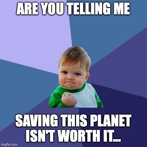 Be the change | ARE YOU TELLING ME; SAVING THIS PLANET ISN'T WORTH IT... | image tagged in memes,success kid,climate change,environment,trees | made w/ Imgflip meme maker