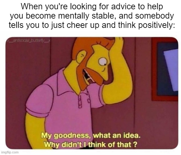 "Just think happy thoughts, and it'll be perfectly fine" | When you're looking for advice to help you become mentally stable, and somebody tells you to just cheer up and think positively: | image tagged in why didnt i think of that | made w/ Imgflip meme maker