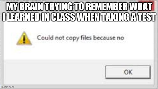 Could not copy files because no | MY BRAIN TRYING TO REMEMBER WHAT I LEARNED IN CLASS WHEN TAKING A TEST | image tagged in could not copy files because no | made w/ Imgflip meme maker