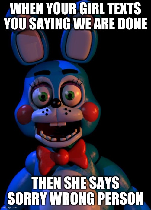 what |  WHEN YOUR GIRL TEXTS YOU SAYING WE ARE DONE; THEN SHE SAYS SORRY WRONG PERSON | image tagged in toy bonnie fnaf,oh no | made w/ Imgflip meme maker