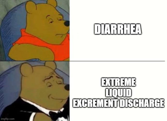Diarrhea | DIARRHEA; EXTREME LIQUID EXCREMENT DISCHARGE | image tagged in fancy winnie the pooh meme,funny | made w/ Imgflip meme maker