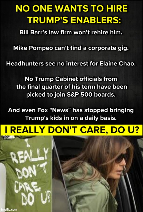 i really don't care, do u? | image tagged in trump's enablers,i really don't care,melania trump,trump administration,cancelled,fox news | made w/ Imgflip meme maker