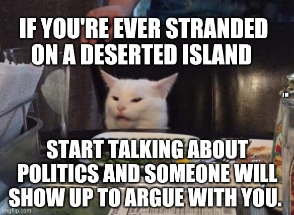 Salad cat | IF YOU'RE EVER STRANDED ON A DESERTED ISLAND; J M; START TALKING ABOUT POLITICS AND SOMEONE WILL SHOW UP TO ARGUE WITH YOU. | image tagged in salad cat | made w/ Imgflip meme maker