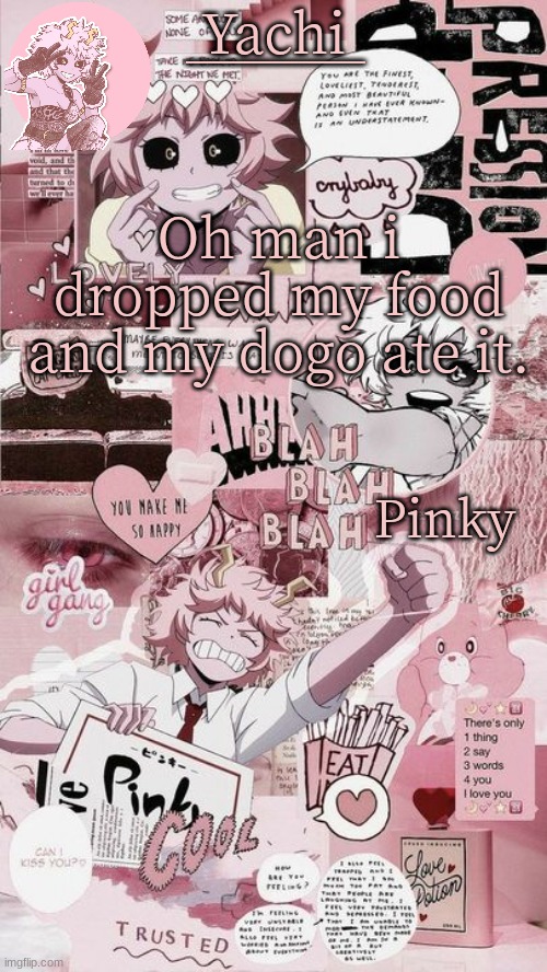 Yachis mina temp | Oh man i dropped my food and my dogo ate it. | image tagged in yachis mina temp | made w/ Imgflip meme maker