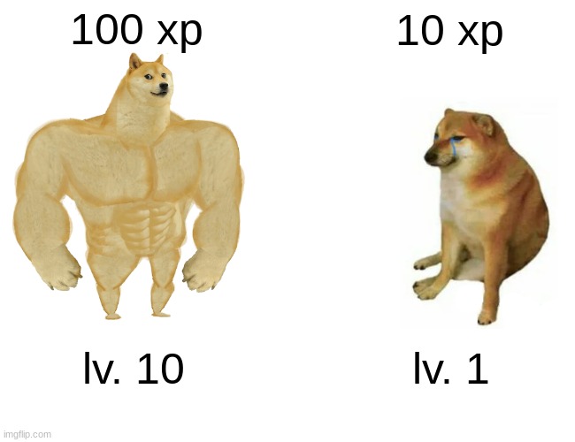 100 xp 10 xp lv. 10 lv. 1 | image tagged in memes,buff doge vs cheems | made w/ Imgflip meme maker