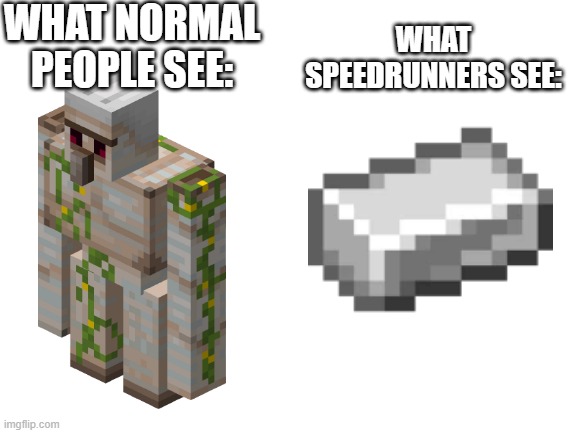 iron | WHAT NORMAL PEOPLE SEE:; WHAT SPEEDRUNNERS SEE: | image tagged in blank white template | made w/ Imgflip meme maker