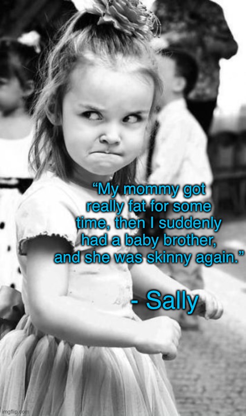 Angry Toddler Meme | “My mommy got really fat for some time, then I suddenly had a baby brother, and she was skinny again.” - Sally | image tagged in memes,angry toddler | made w/ Imgflip meme maker