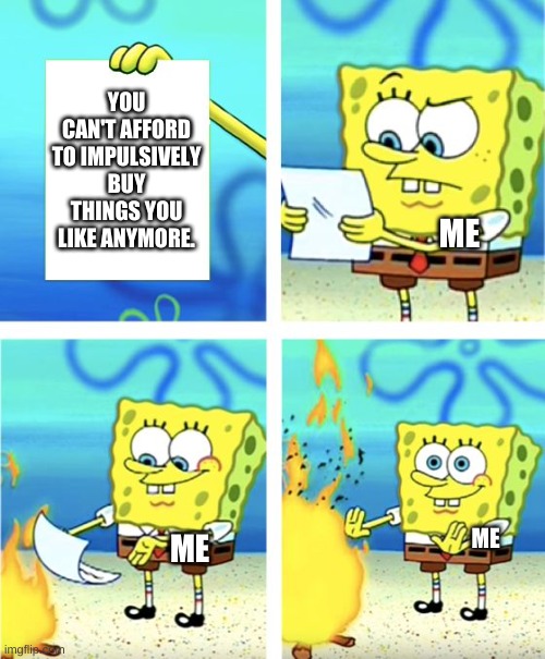 shhh | YOU CAN'T AFFORD TO IMPULSIVELY BUY THINGS YOU LIKE ANYMORE. ME; ME; ME | image tagged in spongebob burning paper | made w/ Imgflip meme maker