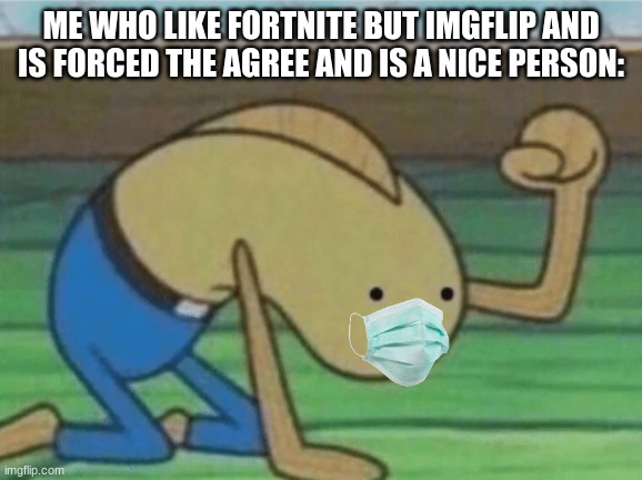 Fred the Fish hitting the floor and smiling | ME WHO LIKE FORTNITE BUT IMGFLIP AND IS FORCED THE AGREE AND IS A NICE PERSON: | image tagged in fred the fish hitting the floor and smiling | made w/ Imgflip meme maker