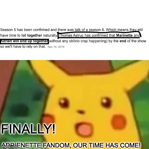 OMGGGGGGGG FINALLY! | FINALLY! ADRIENETTE FANDOM, OUR TIME HAS COME! | image tagged in memes,surprised pikachu | made w/ Imgflip meme maker