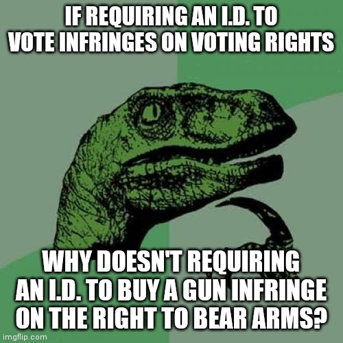 Mostly a thought experiment, I want to hear the reasoning | IF REQUIRING AN I.D. TO VOTE INFRINGES ON VOTING RIGHTS; WHY DOESN'T REQUIRING AN I.D. TO BUY A GUN INFRINGE ON THE RIGHT TO BEAR ARMS? | image tagged in memes,philosoraptor | made w/ Imgflip meme maker