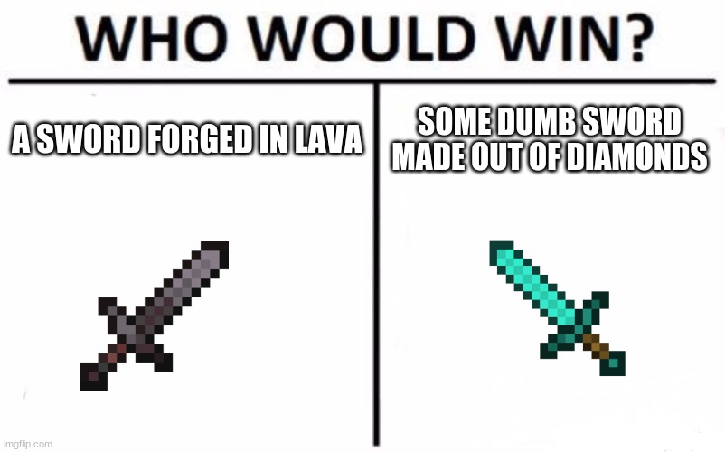 Who Would Win? Meme | A SWORD FORGED IN LAVA; SOME DUMB SWORD MADE OUT OF DIAMONDS | image tagged in memes,who would win | made w/ Imgflip meme maker