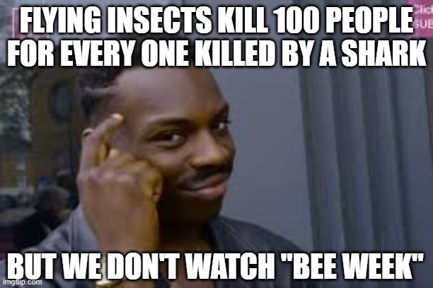 Are your fears based on how something looks? | FLYING INSECTS KILL 100 PEOPLE FOR EVERY ONE KILLED BY A SHARK; BUT WE DON'T WATCH "BEE WEEK" | image tagged in obvious guy,fear,shark,bee,gun control,irrational | made w/ Imgflip meme maker