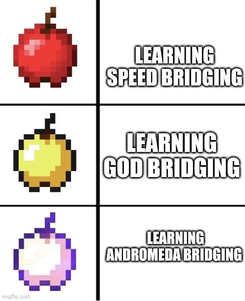 Minecraft BRIDGING METHODS | LEARNING SPEED BRIDGING; LEARNING GOD BRIDGING; LEARNING ANDROMEDA BRIDGING | image tagged in minecraft apple format,memes | made w/ Imgflip meme maker
