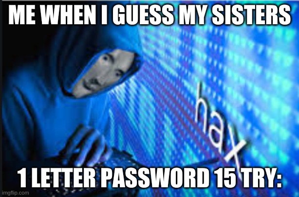 Hax | ME WHEN I GUESS MY SISTERS; 1 LETTER PASSWORD 15 TRY: | image tagged in hax | made w/ Imgflip meme maker