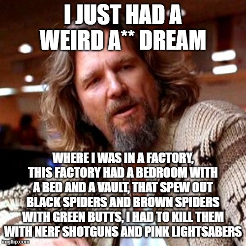 last night | I JUST HAD A WEIRD A** DREAM; WHERE I WAS IN A FACTORY, THIS FACTORY HAD A BEDROOM WITH A BED AND A VAULT, THAT SPEW OUT BLACK SPIDERS AND BROWN SPIDERS WITH GREEN BUTTS, I HAD TO KILL THEM WITH NERF SHOTGUNS AND PINK LIGHTSABERS | image tagged in memes,confused lebowski | made w/ Imgflip meme maker
