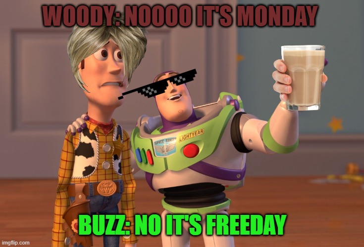 freedom Friday | WOODY: NOOOO IT'S MONDAY; BUZZ: NO IT'S FREEDAY | image tagged in memes,x x everywhere | made w/ Imgflip meme maker