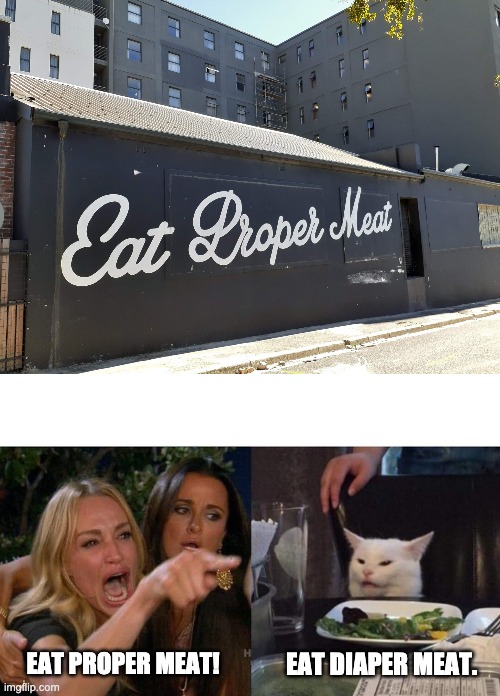 font fail | EAT DIAPER MEAT. EAT PROPER MEAT! | image tagged in eat diaper meat,memes,woman yelling at cat,cursive,fonts,font | made w/ Imgflip meme maker