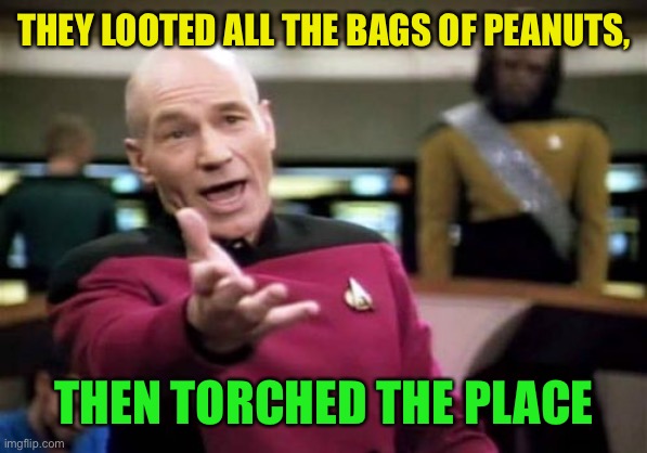 Picard Wtf Meme | THEY LOOTED ALL THE BAGS OF PEANUTS, THEN TORCHED THE PLACE | image tagged in memes,picard wtf | made w/ Imgflip meme maker