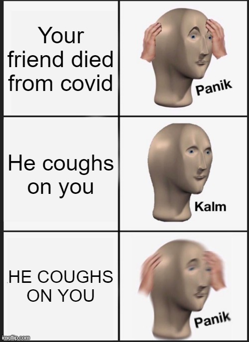 At least he's alive | Your friend died from covid; He coughs on you; HE COUGHS ON YOU | image tagged in memes,panik kalm panik | made w/ Imgflip meme maker