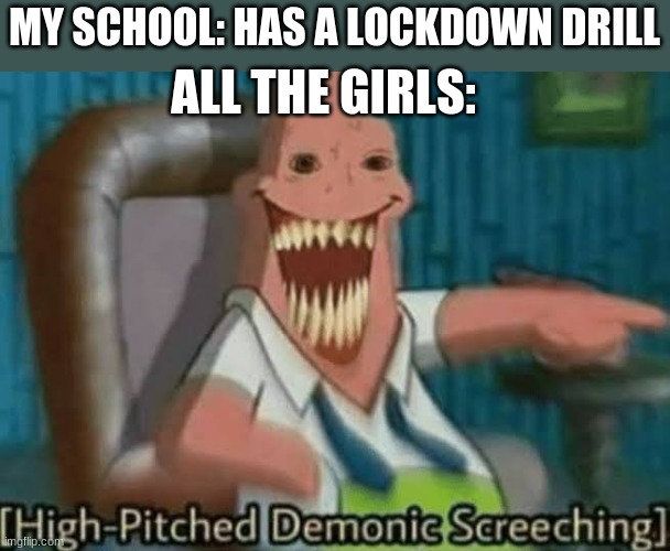 AHHHHHHHHHHHHHHHHHHHHHHHHHHHH | ALL THE GIRLS:; MY SCHOOL: HAS A LOCKDOWN DRILL | image tagged in high-pitched demonic screeching | made w/ Imgflip meme maker