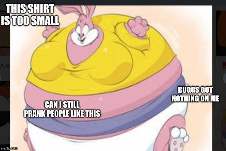 babbs good day | THIS SHIRT IS TOO SMALL; BUGGS GOT NOTHING ON ME; CAN I STILL PRANK PEOPLE LIKE THIS | image tagged in got room for one more | made w/ Imgflip meme maker