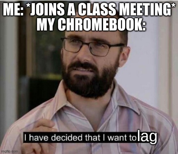 I have decided that I want to die |  MY CHROMEBOOK:; ME: *JOINS A CLASS MEETING*; lag | image tagged in i have decided that i want to die,school | made w/ Imgflip meme maker