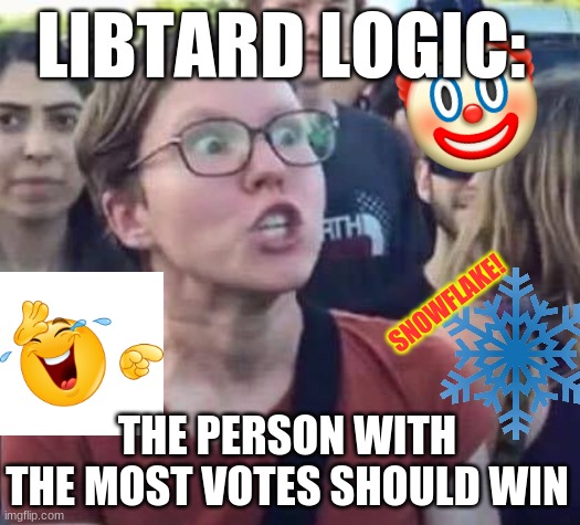 stupid libtrads be a real man |  LIBTARD LOGIC:; SNOWFLAKE! THE PERSON WITH THE MOST VOTES SHOULD WIN | image tagged in angry liberal,ironic,boomer memes,conservative hypocrisy | made w/ Imgflip meme maker