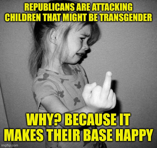 They still have no plan for governing, but they sure love social issues. Keep the base voting despite not ever helping them | REPUBLICANS ARE ATTACKING CHILDREN THAT MIGHT BE TRANSGENDER; WHY? BECAUSE IT MAKES THEIR BASE HAPPY | image tagged in little girl crying | made w/ Imgflip meme maker