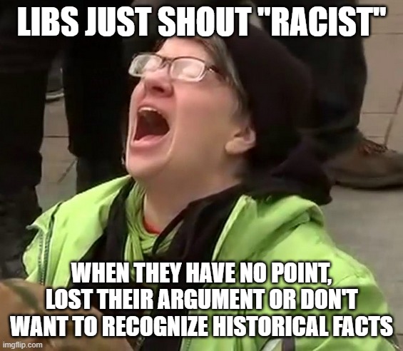 Crying liberal | LIBS JUST SHOUT "RACIST"; WHEN THEY HAVE NO POINT, LOST THEIR ARGUMENT OR DON'T WANT TO RECOGNIZE HISTORICAL FACTS | image tagged in crying liberal | made w/ Imgflip meme maker