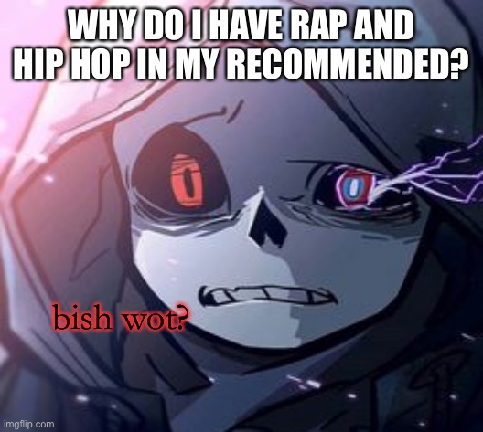 umm | WHY DO I HAVE RAP AND HIP HOP IN MY RECOMMENDED? | image tagged in dust sans bish wot | made w/ Imgflip meme maker