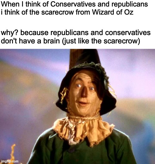 Yeah most Republicans are brainless | When I think of Conservatives and republicans i think of the scarecrow from Wizard of Oz; why? because republicans and conservatives don't have a brain (just like the scarecrow) | image tagged in blank white template,wizard of oz scarecrow,scumbag republicans | made w/ Imgflip meme maker