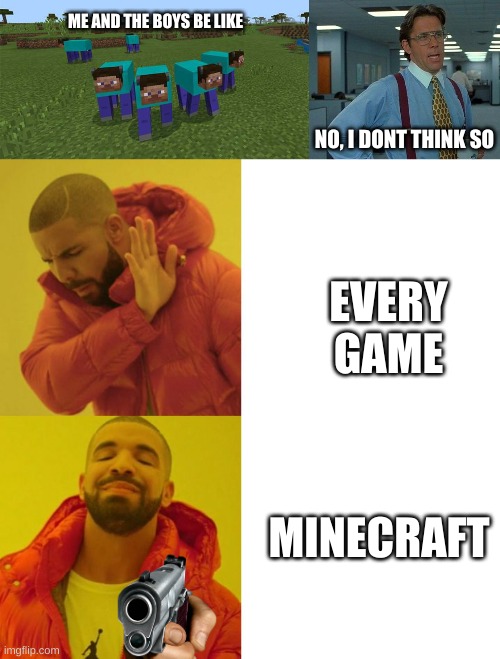 dont gungde me | ME AND THE BOYS BE LIKE; NO, I DONT THINK SO; EVERY GAME; MINECRAFT | image tagged in me and the boys,memes,that would be great,drake blank | made w/ Imgflip meme maker