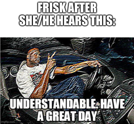 UNDERSTANDABLE, HAVE A GREAT DAY | FRISK AFTER SHE/HE HEARS THIS: | image tagged in understandable have a great day | made w/ Imgflip meme maker