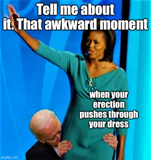 Biden sniffs Michelle Obama | Tell me about it. That awkward moment when your erection pushes through your dress | image tagged in biden sniffs michelle obama | made w/ Imgflip meme maker