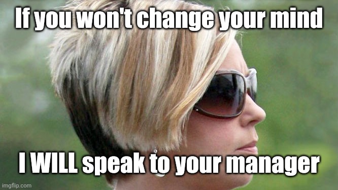 Karen | If you won't change your mind I WILL speak to your manager | image tagged in karen | made w/ Imgflip meme maker