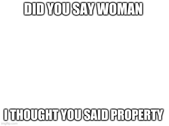 Blank White Template | DID YOU SAY WOMAN; I THOUGHT YOU SAID PROPERTY | image tagged in blank white template | made w/ Imgflip meme maker