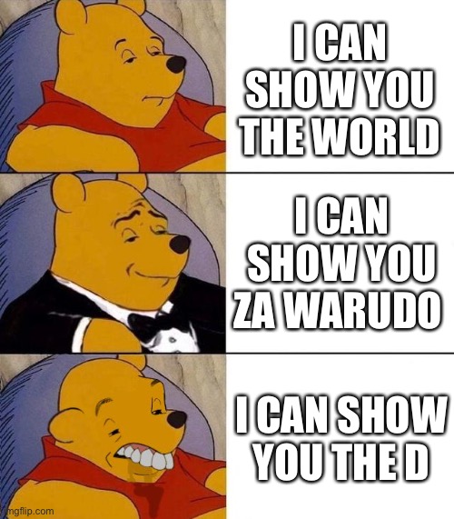 A wHoLe NeW wOrLd!!!! | I CAN SHOW YOU THE WORLD; I CAN SHOW YOU ZA WARUDO; I CAN SHOW YOU THE D | image tagged in best better blurst,song lyrics,aladdin,winnie the pooh,shitpost,jojo's bizarre adventure | made w/ Imgflip meme maker