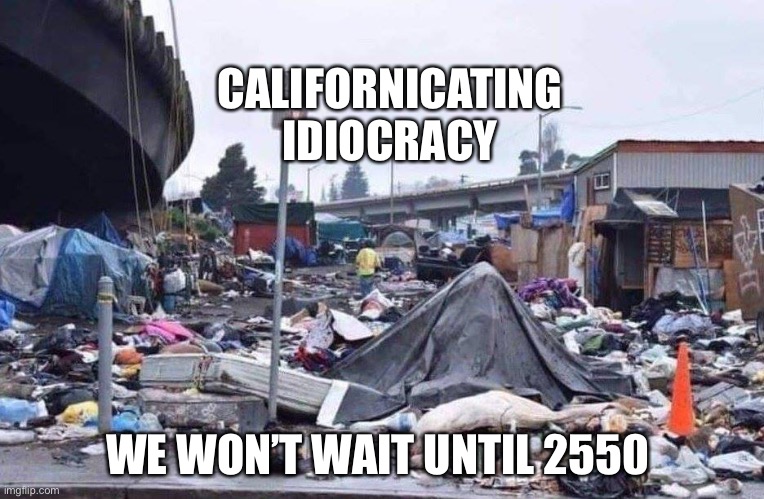 Californicating Idiocracy | CALIFORNICATING IDIOCRACY; WE WON’T WAIT UNTIL 2550 | image tagged in california tent city,idiocracy | made w/ Imgflip meme maker