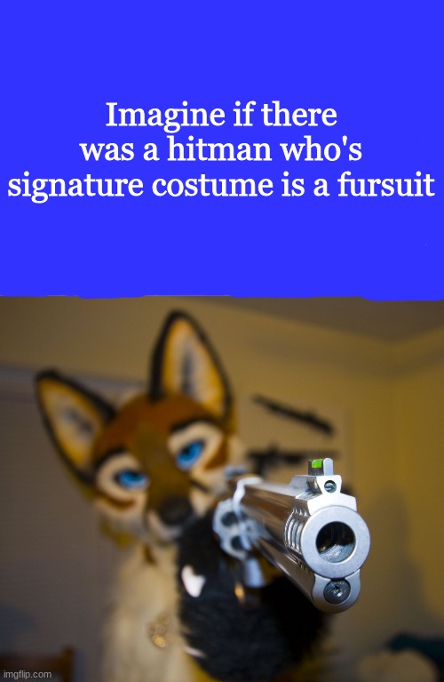 *wheeze* just imagine. a puppy walking towards you, then stabbing you 47 times in the chest | Imagine if there was a hitman who's signature costume is a fursuit | image tagged in furry with gun,hitman,furry | made w/ Imgflip meme maker