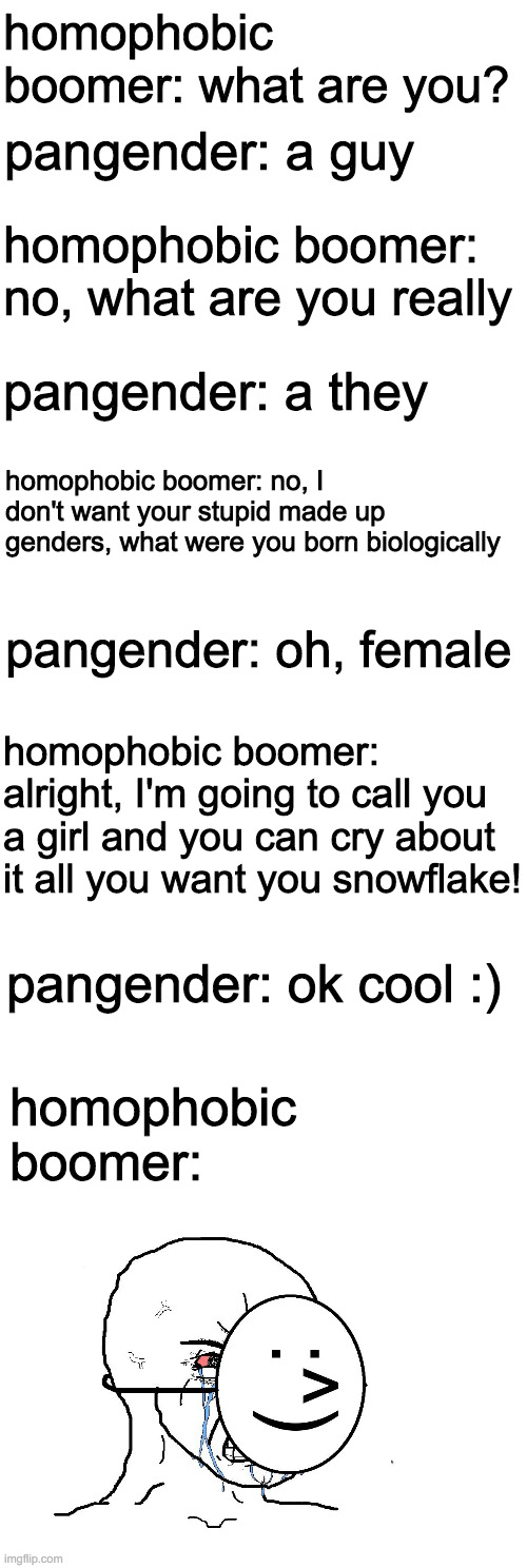 homophobic boomer: what are you? pangender: a guy; homophobic boomer: no, what are you really; pangender: a they; homophobic boomer: no, I don't want your stupid made up genders, what were you born biologically; pangender: oh, female; homophobic boomer: alright, I'm going to call you a girl and you can cry about it all you want you snowflake! pangender: ok cool :); homophobic boomer: | image tagged in memes,blank transparent square,blank white template | made w/ Imgflip meme maker