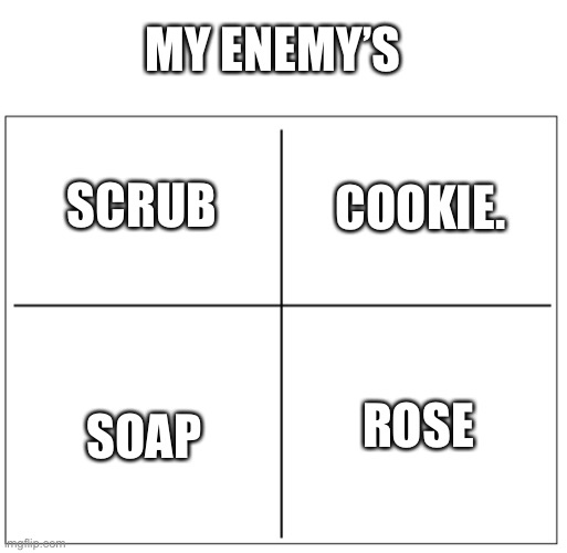 Lmao | MY ENEMY’S; SCRUB; COOKIE. ROSE; SOAP | image tagged in 4 square grid | made w/ Imgflip meme maker