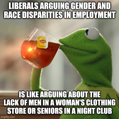 But That's None Of My Business | LIBERALS ARGUING GENDER AND RACE DISPARITIES IN EMPLOYMENT; IS LIKE ARGUING ABOUT THE LACK OF MEN IN A WOMAN'S CLOTHING STORE OR SENIORS IN A NIGHT CLUB | image tagged in memes,but that's none of my business,kermit the frog | made w/ Imgflip meme maker