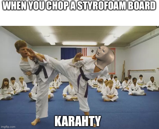 WHEN YOU CHOP A STYROFOAM BOARD; KARAHTY | image tagged in meme man | made w/ Imgflip meme maker