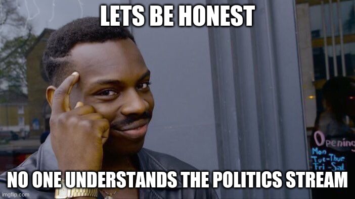 Like why? | LETS BE HONEST; NO ONE UNDERSTANDS THE POLITICS STREAM | image tagged in memes,roll safe think about it | made w/ Imgflip meme maker