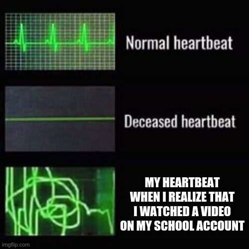 True story for some reason my school account is on my brothers computor | MY HEARTBEAT WHEN I REALIZE THAT I WATCHED A VIDEO ON MY SCHOOL ACCOUNT | image tagged in heartbeat rate | made w/ Imgflip meme maker