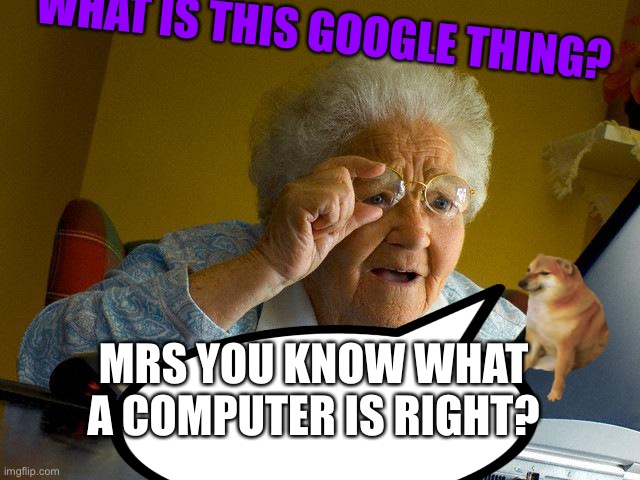 You don’t know a thing | WHAT IS THIS GOOGLE THING? MRS YOU KNOW WHAT A COMPUTER IS RIGHT? | image tagged in grandma finds the internet | made w/ Imgflip meme maker