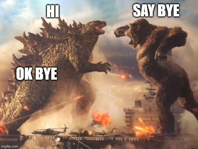 Hi | SAY BYE; HI; OK BYE | image tagged in godzilla vs kong | made w/ Imgflip meme maker