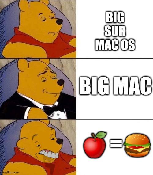 apple is hamburger | BIG SUR MAC OS; BIG MAC; 🍎=🍔 | image tagged in best better blurst | made w/ Imgflip meme maker