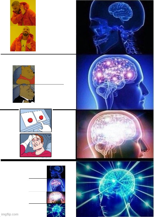 blursed brain meme | image tagged in memes,expanding brain,two buttons,tuxedo winnie the pooh,drake hotline bling,why do tags even exist | made w/ Imgflip meme maker
